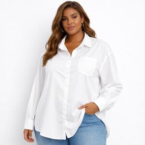 White Button Front Blouse Long Sleeve Pocket Plus Size 3XL